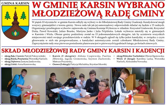 Skład Młodzieżowej Rady Gminy Karsin I kadencji:

okręg Bąk, Cisewie - Patryk Pokrzywiński
okręg Borsk, Przytarnia - Weronika Narloch 
okręg Dąbrowa - Justyna Janikowska
okręg Górki - Anna Kamrowska
okręg Karsin - Aldona Czapiewska, Jagoda Gromowska, Paulina Zblewska, Mateusz Przytarski, Szymon Żuchowski
okręg Osowo - Patrycja Michalska, Krystian Sikorski
okręg Wdzydze Tucholskie - Oliwia Ogonowska
okręg Wiele - Karolina Laska, Weronika Narloch, Aleksandra Nowacka