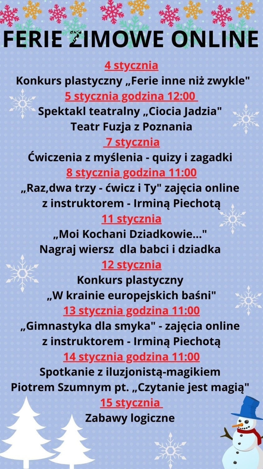 Powiat szamotulski. Co robić w ferie? Ośrodki kultury i biblioteki przygotowały zajęcia on line. Sprawdź zimowy rozkład jazdy!