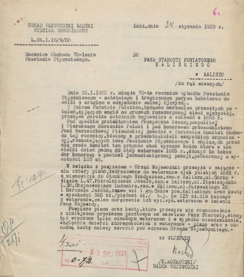 Pismo z Urzędu Wojewódzkiego w Łodzi z 24 stycznia 1933 r. o...