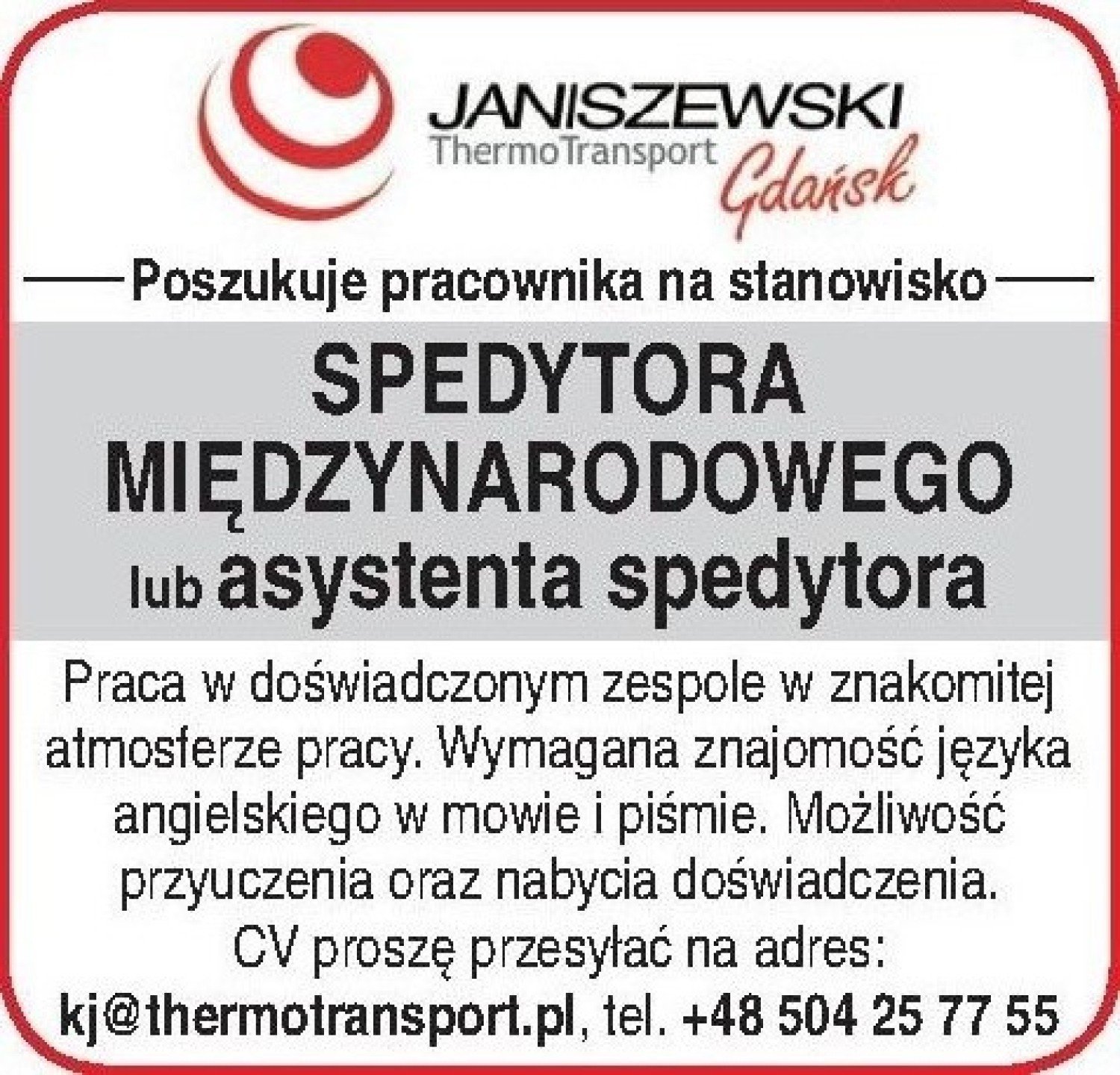 Firma Janiszewski ThermoTransport poszukuje pracownika na stanowisko  spedytora międzynarodowego | Gdańsk Nasze Miasto