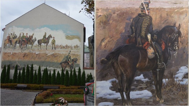 Obraz przedstawiający huzara na koniu jest już po konserwacji (po prawej) i niebawem ma zostać oficjalnie zaprezentowany w tarnowskim muzeum. W jego odnalezieniu pomógł mural, który zdobi ścianę jeden z kamienic przy ul. Wałowej w Tarnowie (z lewej)