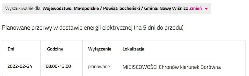 Wyłączenia prądu w powiecie bocheńskim, 22.02.2022