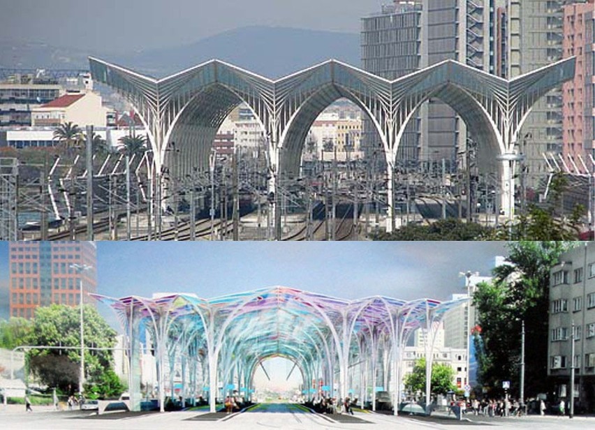 Dworzec Wschodni w Lizbonie (górne zdjęcia)  i projekt...