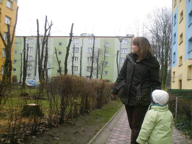 Ilona Połątek mieszka naprzeciwko.  Widzi ze swojego okna pozbawione koron drzewa. Ten widok szokuje przechodniów