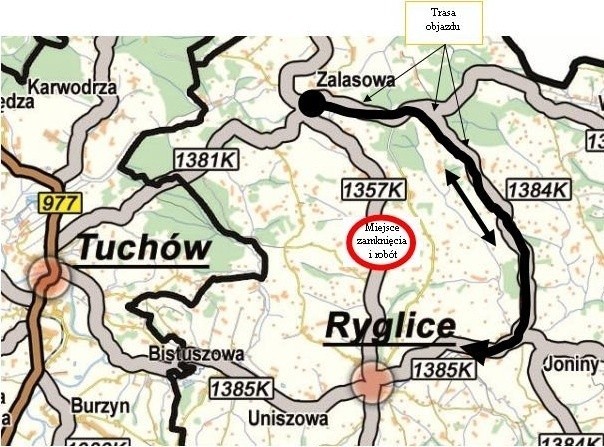 Trasa objazdu z Tarnowa do Ryglic