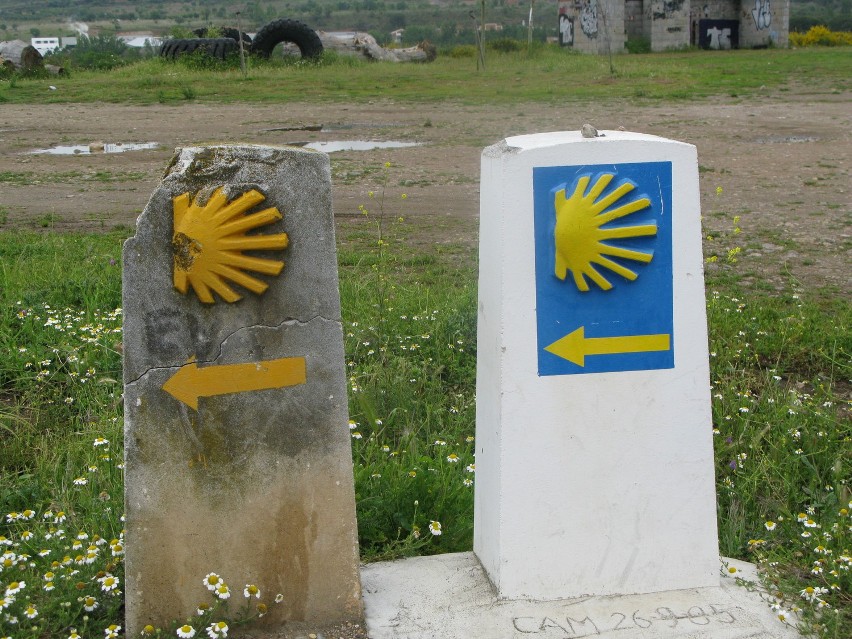 Camino, szlak francuski, charakterystyczne drogowskazy ze...