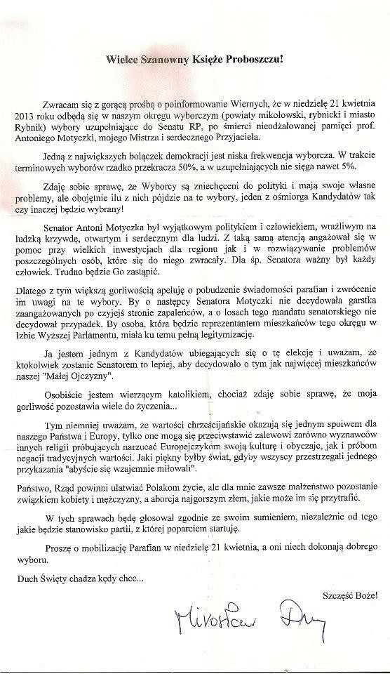 List do Księdza Proboszcza podpisany przez Mirosława Dużego