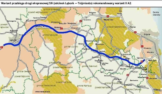 Wariant przebiegu drogi ekspresowej S6 (odcinek Lębork - Trójmiasto) rekomendowany wariant II A2