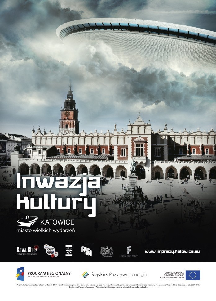 Plakat promujący akcję Inwazja kultury. Katowicki Spodek...