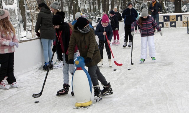 Tłum na lodowisku w Grudziądzu. Rozpoczęły się zajęcia rekreacyjne na lodzie z instruktorem sportowym Grzegorzem Jendraszkiem.