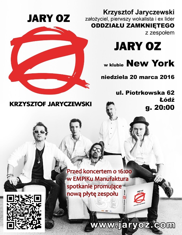 Jary Oz zagra w Łodzi (Klub New York ul. Piotrkowska 62) w niedzielę, 20 marca. Start: 20:00
