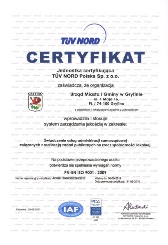 Urząd Miasta i Gminy w Gryfinie dostał certyfikat
