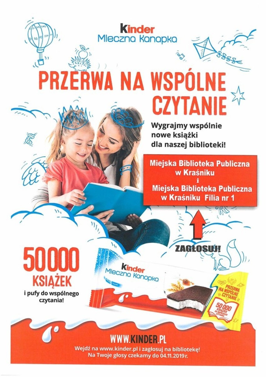 Zagłosuj na bibliotekę w Kraśniku! Nawet 5 tys zł na zakup nowych książek do wygrania w akcji Kinder "Przerwa na wspólne czytanie"