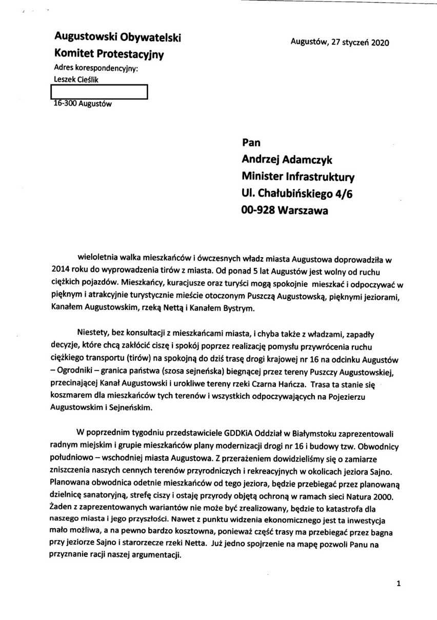 Augustowski Obywatelski Komitet Protestacyjny apeluje do premiera i ministra