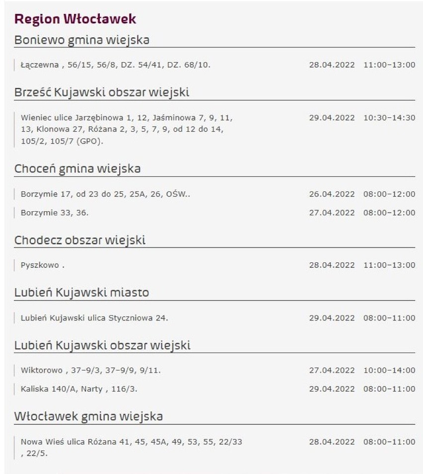 Tu nie będzie prądu w Kujawsko-Pomorskiem [miasta, gminy - 28.04.2022]