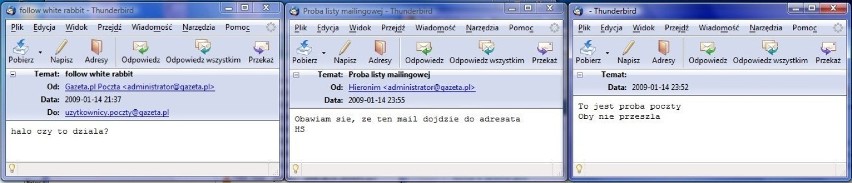 Zrzut ekranu z 3 dotychczas otrzymanymi wiadomościami wraz...