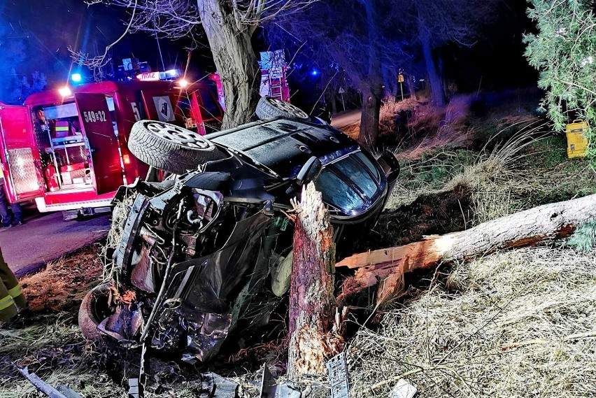 Samochód rozbił się na drzewie w Lubochenku koło Tomaszowa Maz. Kierowcy spadł telefon pod fotel... [ZDJĘCIA]