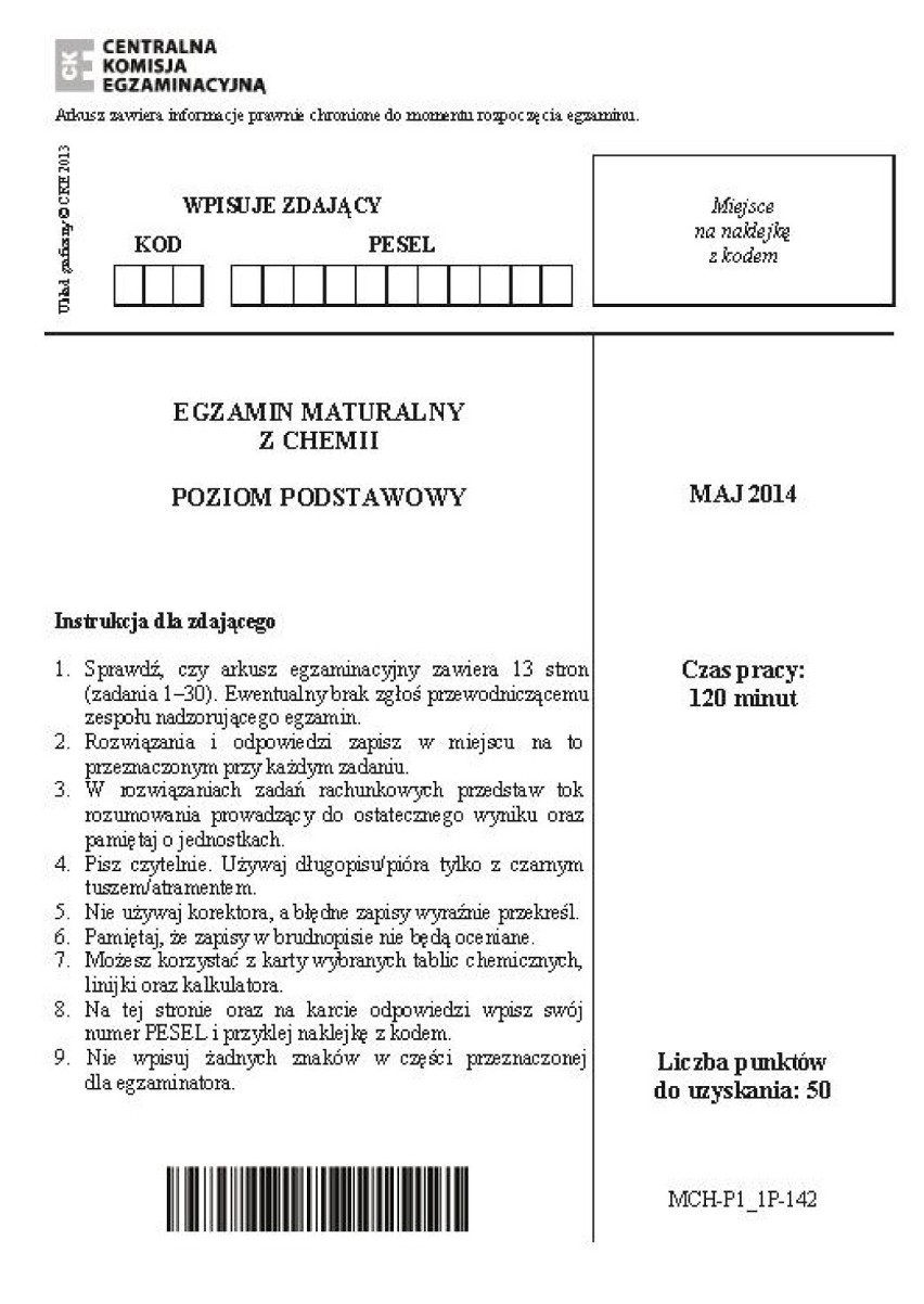 Matura 2014. chemia poziom podstawowy