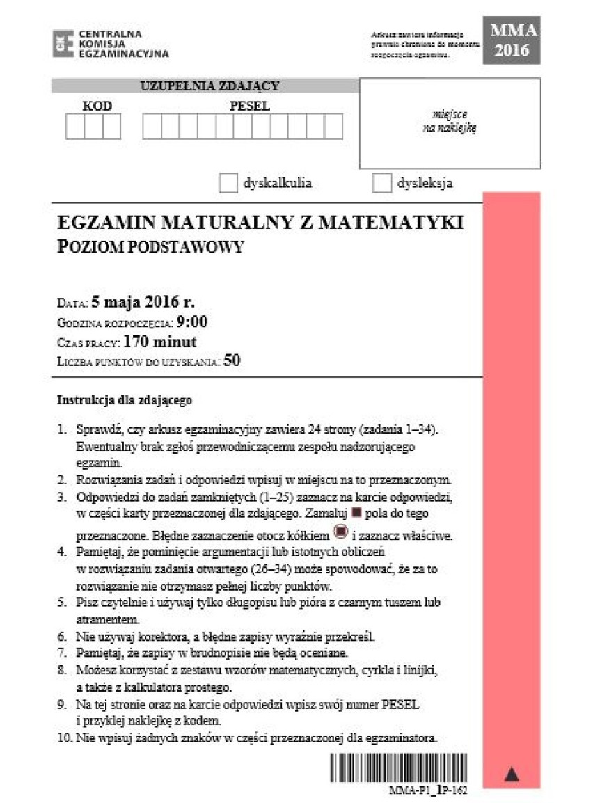 Matura z matematyki, poziom podstawowy. Arkusz