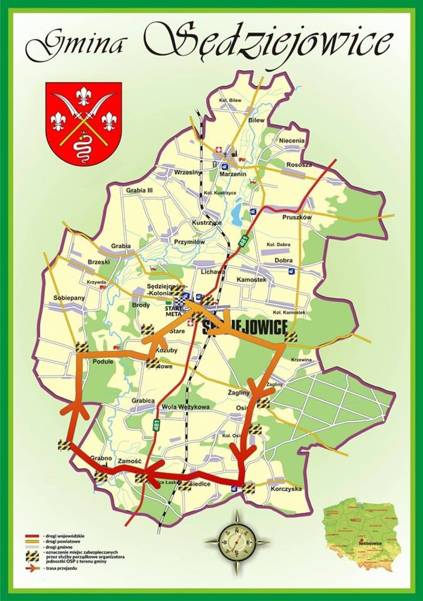 Oficjalna trasa Parady Motocyklowej, która przejedzie 1 czerwca po terenie Gminy Sędziejowice w trakcie tegorocznej edycji MotoFolk 2019