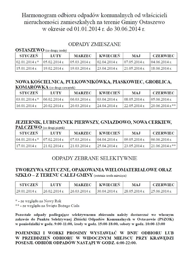 Ostaszewo. Nowy harmonogram wywozu śmieci