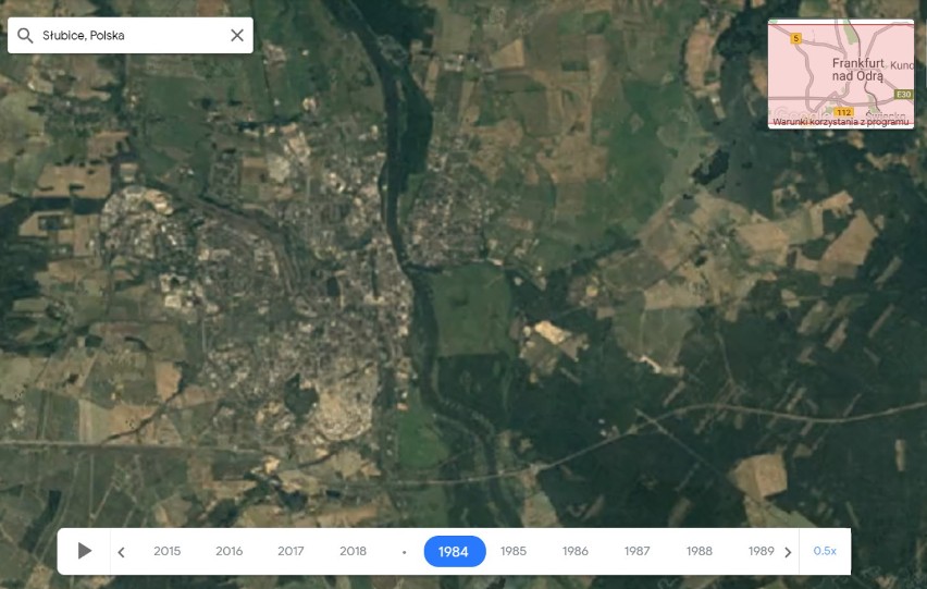 Słubice widziane z perspektywy kosmosu w latach 1984-2018