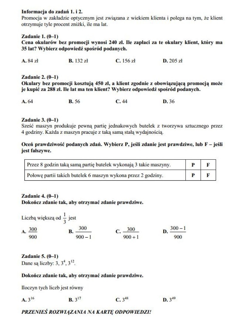 Egzamin gimnazjalny 2014 - odpowiedzi z matematyki