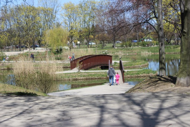 Bytomski park miejski znowu otwarty. Mieszkańcy spacerują, biegają, a także jeżdżą na rowerach.