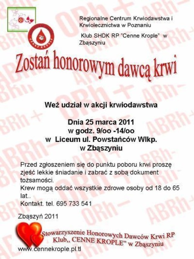 Plakat informacyjny. Zostań honorowym dawcą krwi.