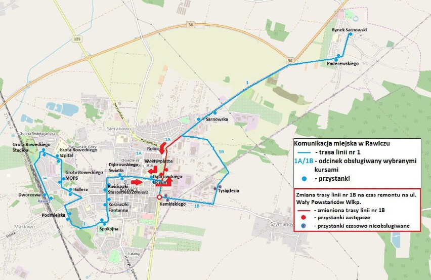 Mapa objazdu autobusów linii nr 1B rawickiej komunikacji miejskiej