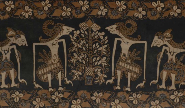 Tkanina batikowa z figurami teatru cieni, połowa XX wieku
