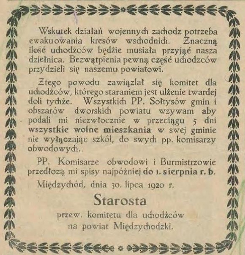 Komunikat starosty z 1920 roku.