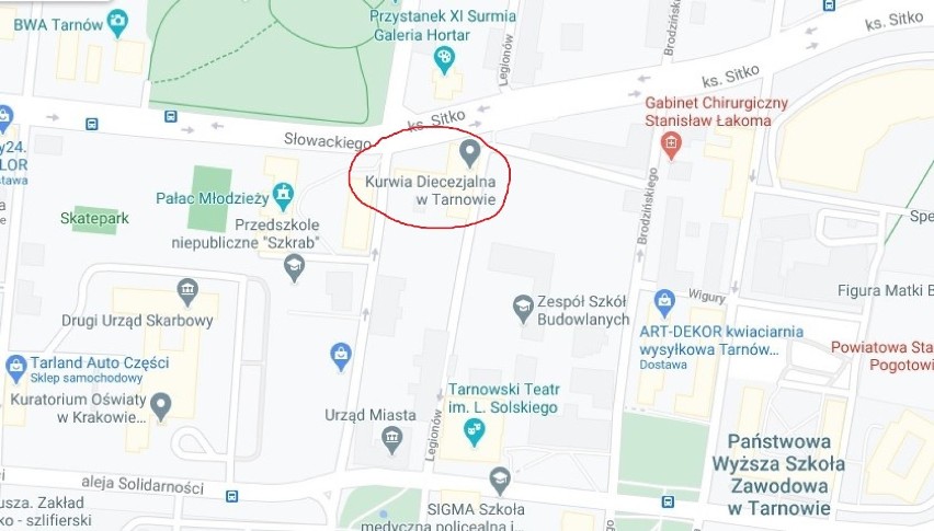 Obraźliwa nazwa kurii na mapach Google