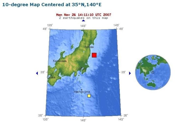 Miejsce wystąpienia trzęsienia ziemi (czerwony kwadrat)
