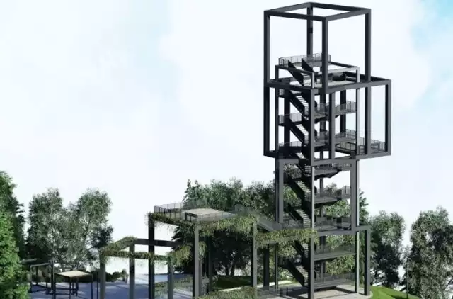 Wizualizacja wieży widokowej im. rtm. Witolda Pileckiego w Chełmku, której budowa ruszyła na wzgórzu Skała