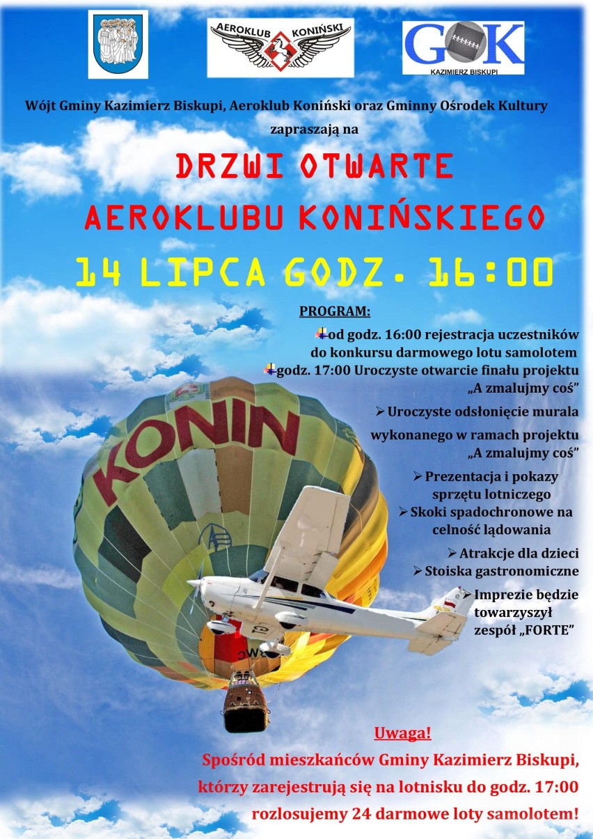 Wójt Gminy Kazimierz Biskupi i Aeroklub Koniński oraz Gminny Ośrodek Kultury .Zapraszają na   Drzwi Otwarte Aeroklubu Konińskiego.
