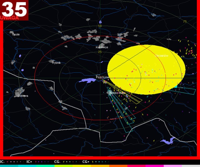 zrzut z goczałkowickiego detektora burzowego (31.07.2014r.). Do naszego województwa zbliżały się potężne komórki burzowe
