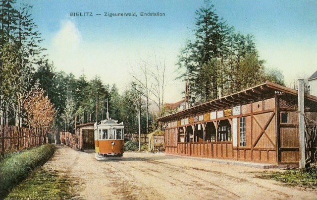 Stacja końcowa linii tramwajowej w Cygańskim Lesie ok. 1915 r.