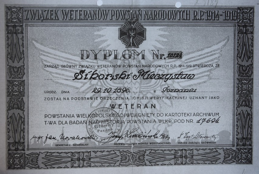 Dyplom z koperty osobowej Mieczysława Sikorskiego