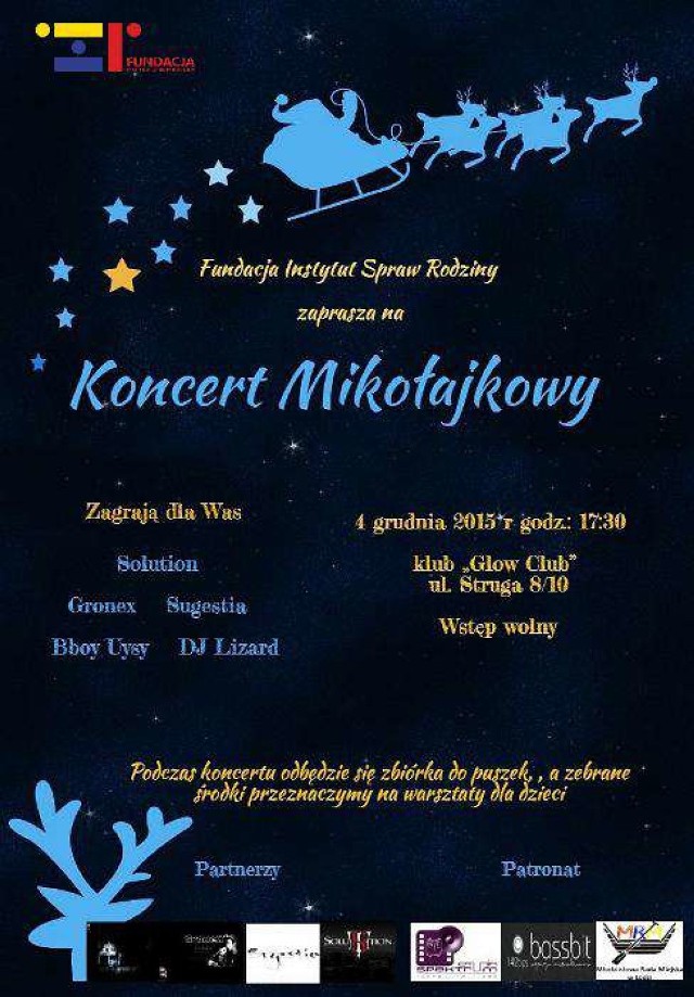 Mikołajkowy koncert w łódzkim klubie Glow zostanie połączony ze zbiórką środków na organizację warsztatów dla dzieci i młodzieży. Organizatorem wydarzenia jest Fundacja Spraw Rodziny