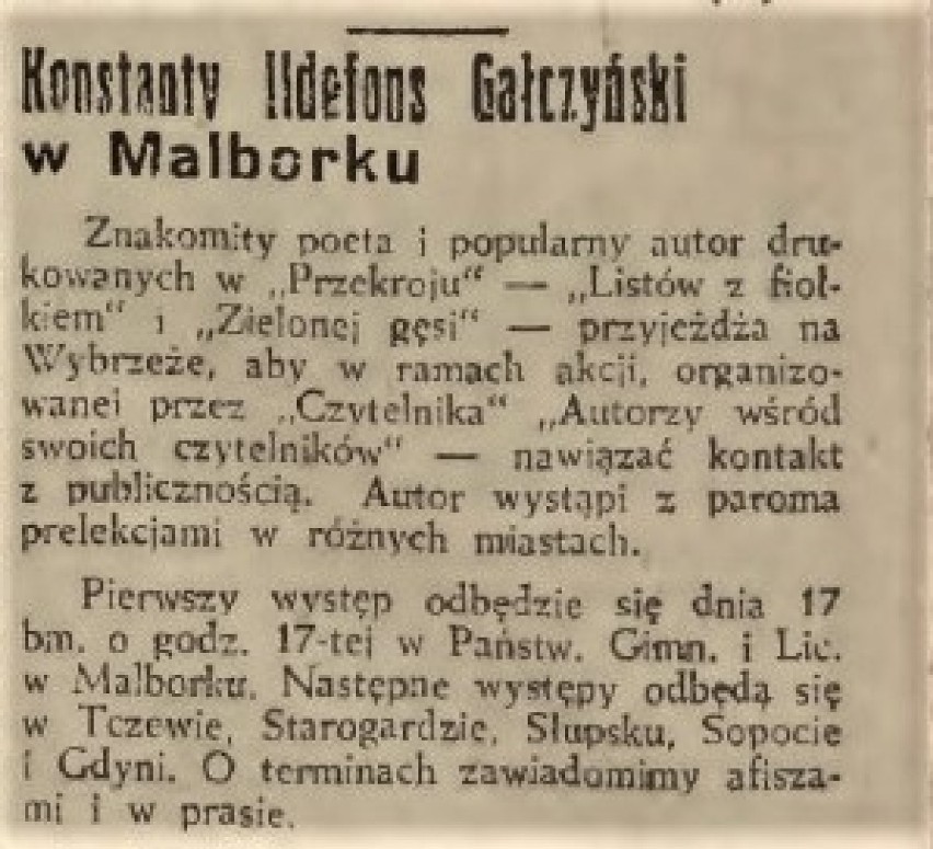 Konstanty Ildefons Gałczyński odwiedził powojenny Malbork. Spotkał się z czytelnikami w szkolnej auli. Jak wtedy wyglądało miasto?