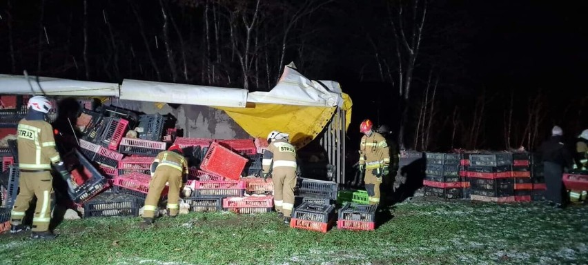 Wypadek na terenie gminy Brzeziny. Ciężarówka z kurami przewróciła się na bok