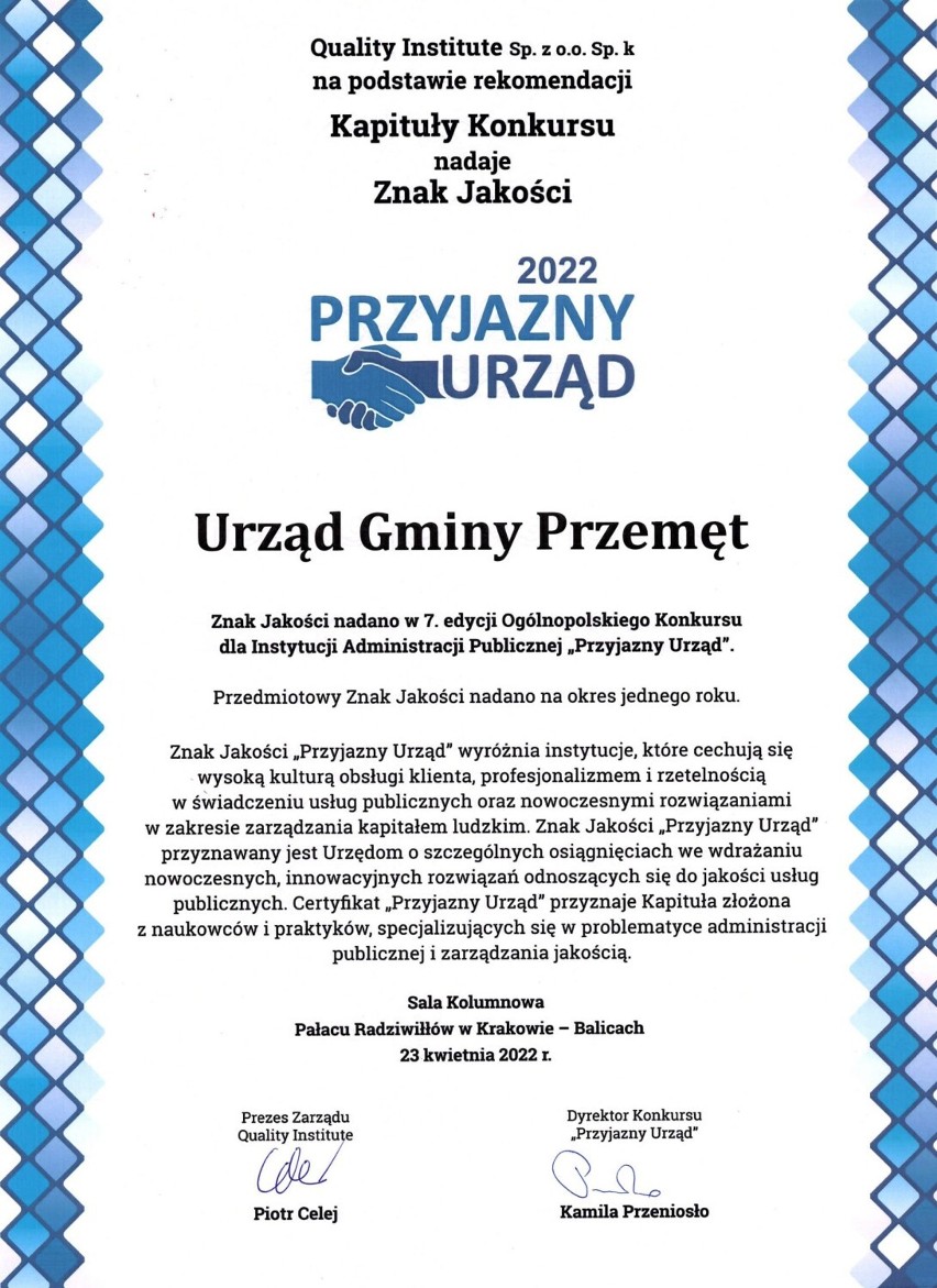 Urząd Gminy Przemęt został wyróżniony Znakiem Jakości „Przyjazny Urząd”