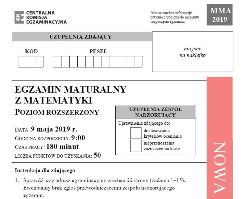 Matura 2019. Matematyka p. rozszerzony - arkusz CKE, odpowiedzi. Matura z matematyki rozszerzenie 9.05.2019 [zadania, rozwiązania]