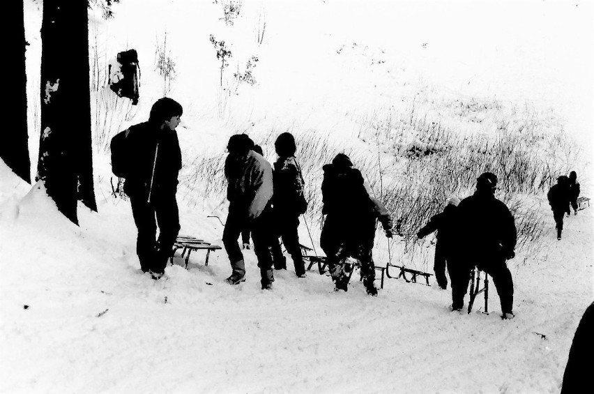 Saneczkarze na górkach w Lasku Południowym zimą 1991 r.