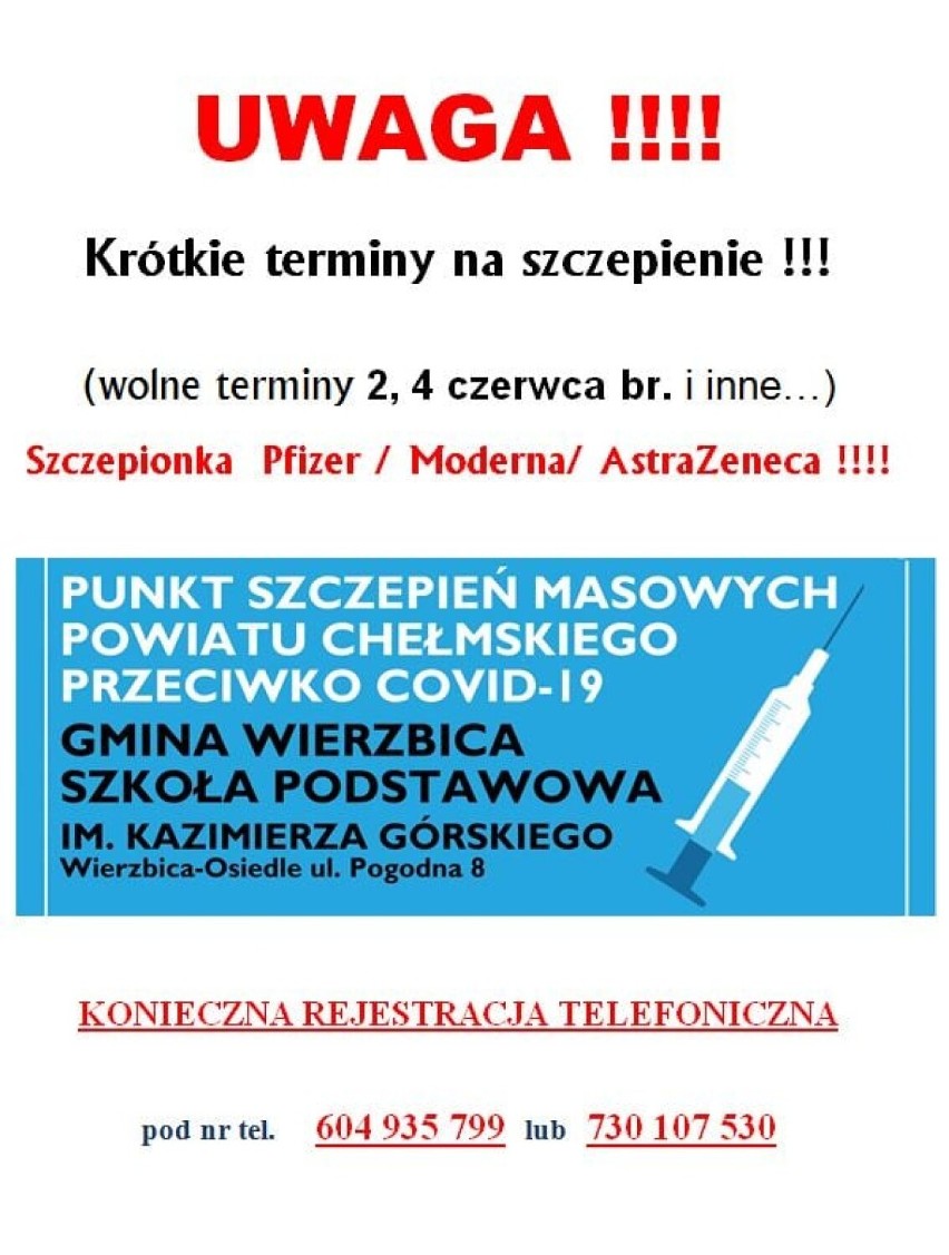 W Punkcie Szczepień Masowych w Wierzbicy  szczepią się nie tylko mieszkańcy powiatu chełmskiego, ale też innych miast w Polsce