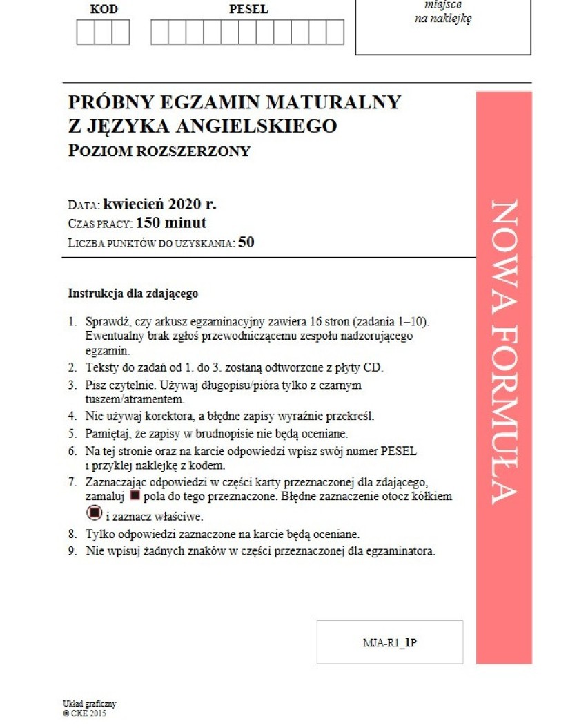 Matura próbna 2020. Język angielski poziom rozszerzony. Arkusz CKE