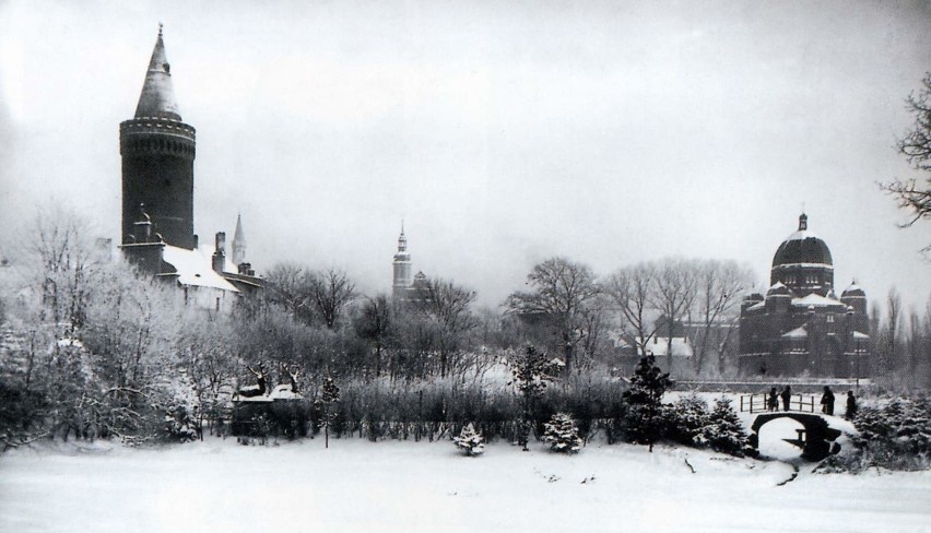 Park zamkowy zimą 1901 roku. Po prawej stronie synagoga z...