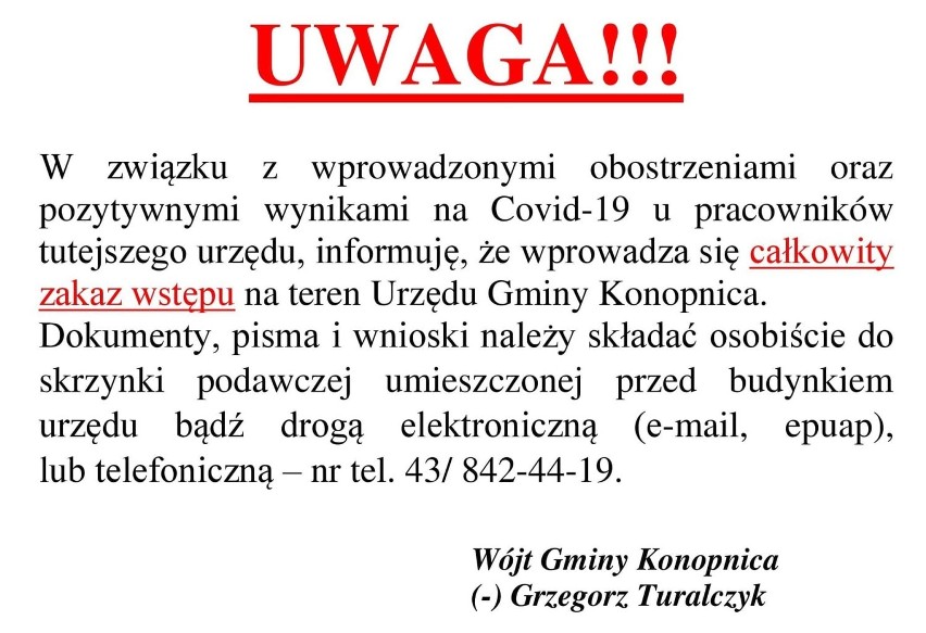 Koronawirus w Konopnicy nie odpuszcza. Zakaz wstępu do urzędu