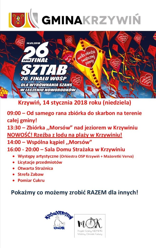 Plakat zapowiadający finał WOŚP w Krzywiniu